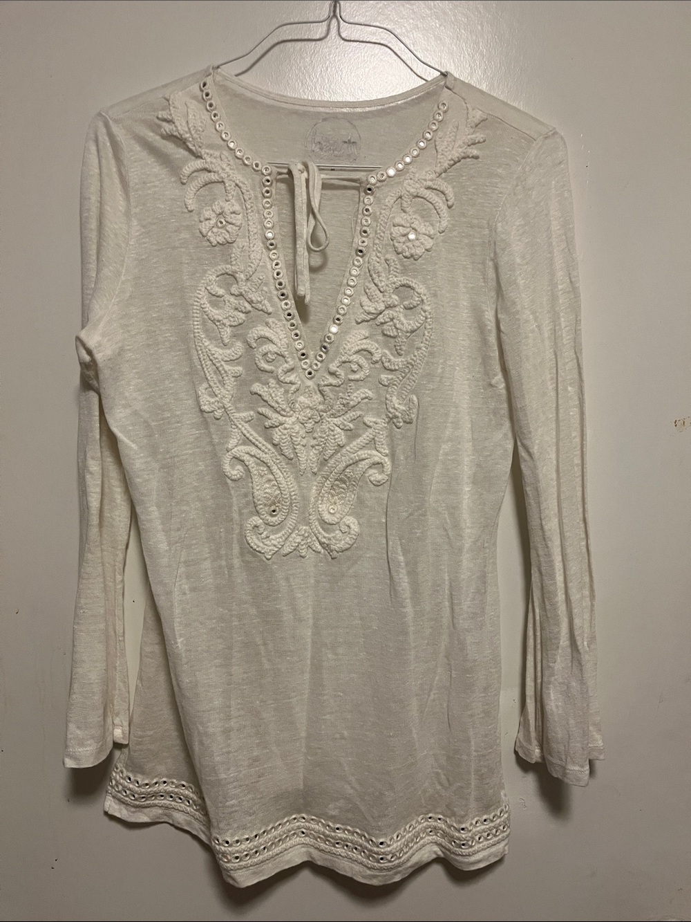 Women's Cream Embroidered Long-Sleeve Tunic with V-Neck Tie